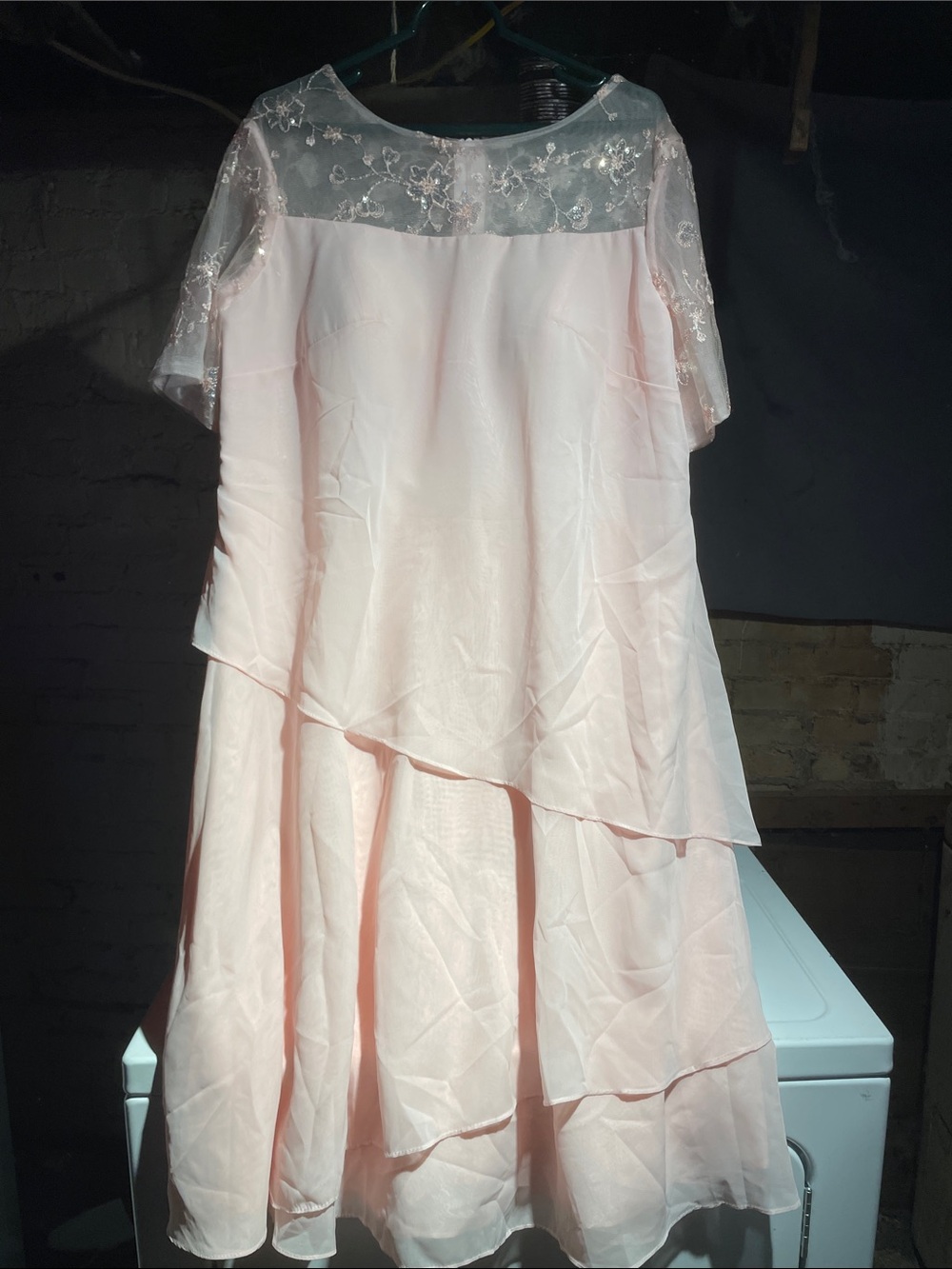 Elegant Light Pink Layered Chiffon Wedding Dress with Embroidered Sheer Yoke